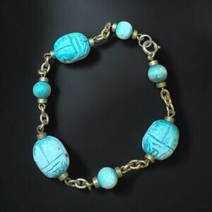 Vintage Turquoise Blue Faience Ceramic SCARAB Bead 7 3/4” Link Bracelet